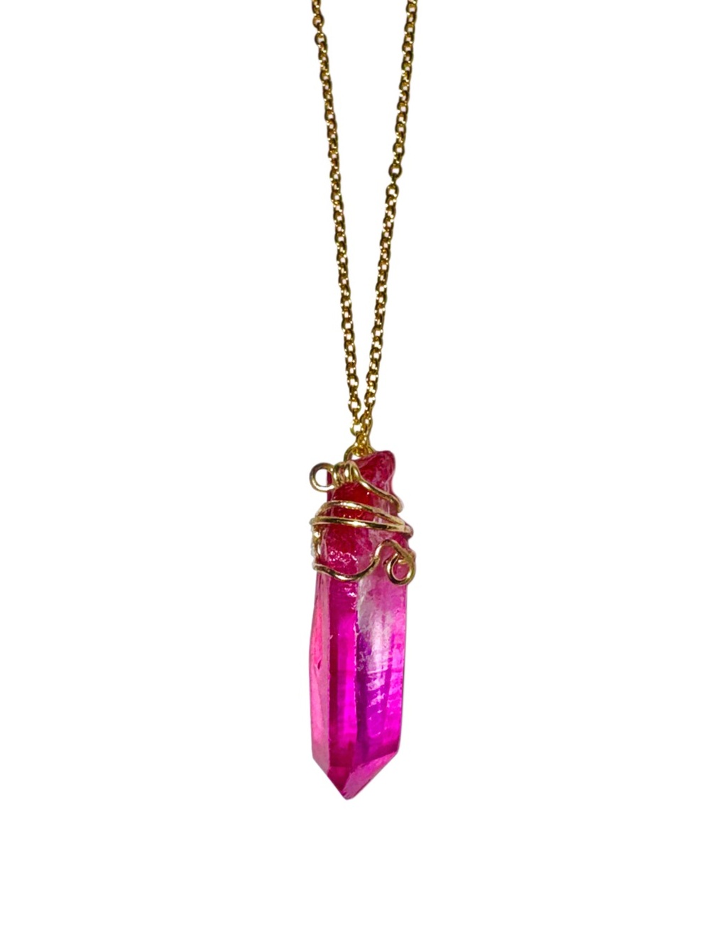 Hot Pink Crystal Point Necklace • Gold Wire-Wrapped Pendant •